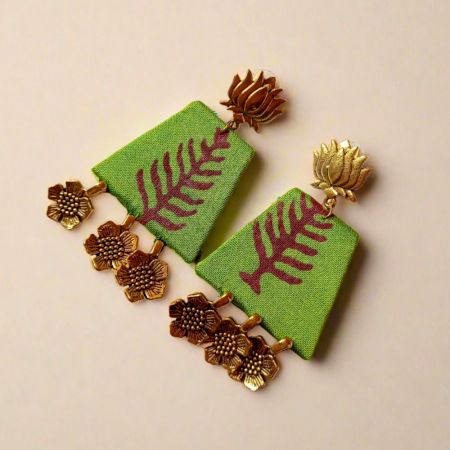 Light Green Leaf Pattern Golden Charm Earrings